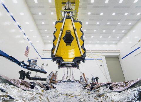 In August 2019, technicians and engineers successfully connect the two halves of NASA’s James Webb Space Telescope for the first time at Northrop Grumman’s facilities in Redondo Beach, California. (NASA/Chris Gunn)