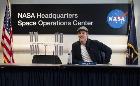 Actor Brad Pitt talks to NASA astronaut Nick Hague who is onboard the International Space Station, Sept. 16, 2019, from the Space Operations Center at NASA Headquarters in Washington. Pitt, who stars as an astronaut in his latest film “Ad Astra,” spoke with Hague about what it’s like to live and work aboard the orbiting laboratory. (NASA/Joel Kowsky)