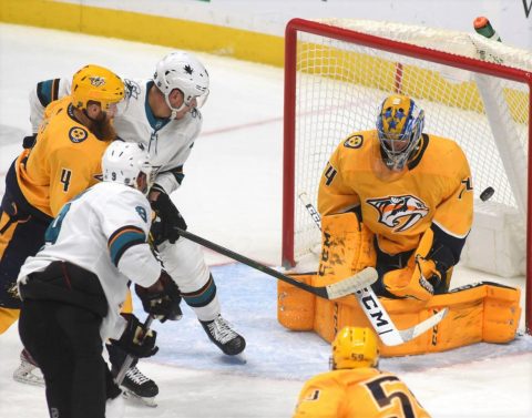 Nashville Predators goalie Juuse Saros blocks a shot against the San Jose Sharks as Nashville wins it, 3-1. (Michael Strasinger) Nashville Predators goalie Juuse Saros blocks a shot against the San Jose Sharks as Nashville wins it, 3-1. (Michael Strasinger)