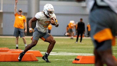 Tennessee Football running back Eric Gray going through drills at the indoor fields of the Anderson Training Center, Friday. (UT Athletics)