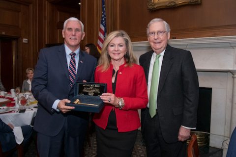 Vice President Mike Pence, Senator Marsha Blackburn and Senate Majority Leader Mitch McConnell