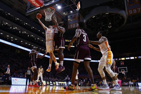 Tennessee Men's Basketball junior #10 John Fulkerson scored 15 points and pulled down 7 rebounds against Texas A&M Tuesday night. (UT Athletics)