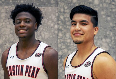 Austin Peay State University men's basketball players (L to R) Terry Taylor and Carlos Paez receive OVC awards. (APSU Sports Information)