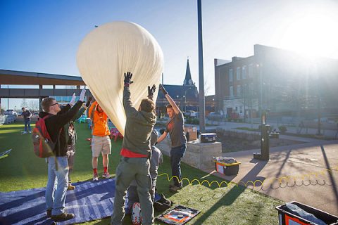 Austin Peay State University physics students launch the balloon from Downtown Commons. (APSU)