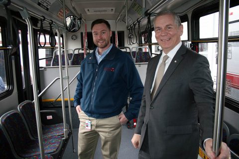 Clarksville Mayor Joe Pitts, right, joined CTS Director Paul Nelson on Wednesday for a tour of the new vehicles.