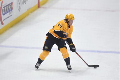 Nashville's Mikael Granlund lines up a shot as the Predators defeat the Washington Capitals 5-4.  (Michael Strasinger)