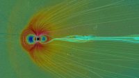 An image of a solar eruption hitting Earth’s magnetic field. (NASA’s Goddard Space Flight Center/Scientific Visualization Studio/Community-Coordinated Modeling Center)