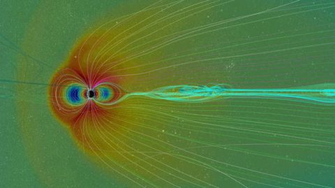 An image of a solar eruption hitting Earth's magnetic field. (NASA's Goddard Space Flight Center/Scientific Visualization Studio/Community-Coordinated Modeling Center)