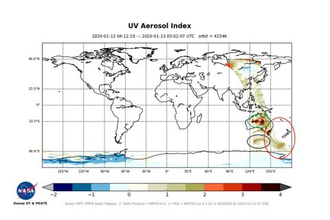 This image of the UV aerosol index from the Suomi NPP satellite OMPS Nadir Mapper instrument showing a "close-up" from Jan. 13, 2020 (specifically orbit 42546). The image reveals that the smoke has now made its all the way back to eastern Australia (black circle). The red circle shows "newly formed" (or current) smoke that has just been emitted from the fires. The green circle shows the dust from an intense dust storm. (NASA/Colin Seftor)