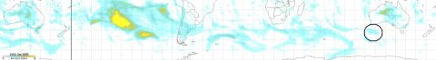 This image from the Suomi NPP satellite shows the smoke all the way to south of western Australia (data from Jan.13, 2020). After the black line, the data is from Jan. 12, 2020. The circled area is from Jan. 12 and shows the smoke from western Australia. he aerosol index signal in central Australia (at the left of the image) is not from smoke but from an intense dust storm. (NASA/Colin Seftor)