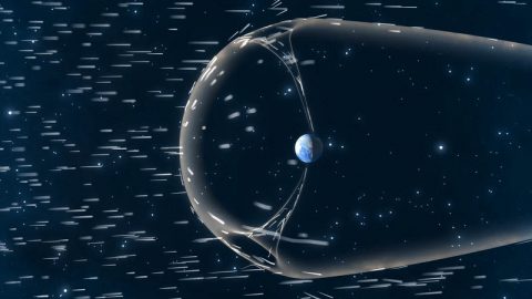 Animated illustration showing the the solar wind streaming around Earth's magnetosphere. Near the North and South Poles, Earth's magnetic field forms funnels that allow the solar wind access to the upper atmosphere. (NASA/CILab/Josh Masters)