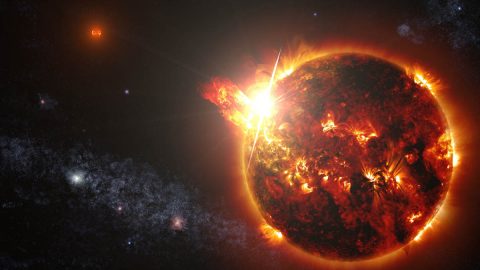 In 2014, NASA's Swift mission detected a record-setting series of X-ray flares unleashed by DG CVn, a nearby binary consisting of two red dwarf stars, illustrated here. At its peak, the initial flare was brighter in X-rays than the combined light from both stars at all wavelengths under normal conditions. (NASA's Goddard Space Flight Center)