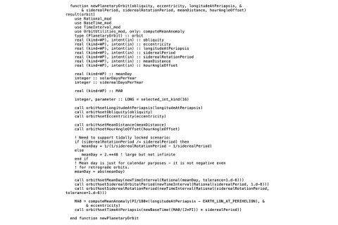 This is an excerpt of Fortran code from the ROCKE-3D model that calculates the details of the orbit of any planet around its star. This has been modified from the original Earth model so that it can handle any kind of planet in any kind of orbit, including planets that are "tidally locked," with one side always facing the star. (NASA’s Goddard Institute for Space Studies/Anthony Del Genio)