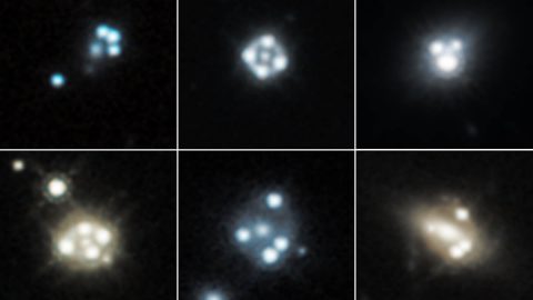 Each snapshot shows four distorted images of a background quasar (an extremely bright region in the center of some distant galaxies), surrounding the core of a massive foreground galaxy. The gravity of the foreground galaxy magnifies the quasar, an effect called gravitational lensing. (NASA, ESA, A. Nierenberg, T. Treu) Each snapshot shows four distorted images of a background quasar (an extremely bright region in the center of some distant galaxies), surrounding the core of a massive foreground galaxy. The gravity of the foreground galaxy magnifies the quasar, an effect called gravitational lensing. (NASA, ESA, A. Nierenberg, T. Treu)