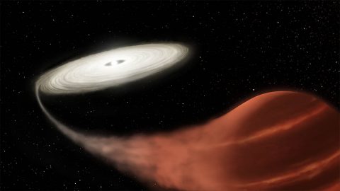 This illustration shows a newly discovered dwarf nova system, in which a white dwarf star is pulling material off a brown dwarf companion. The material collects into an accretion disk until reaching a tipping point, causing it to suddenly increase in brightness. (NASA and L. Hustak (STScI)) This illustration shows a newly discovered dwarf nova system, in which a white dwarf star is pulling material off a brown dwarf companion. The material collects into an accretion disk until reaching a tipping point, causing it to suddenly increase in brightness. (NASA and L. Hustak (STScI))