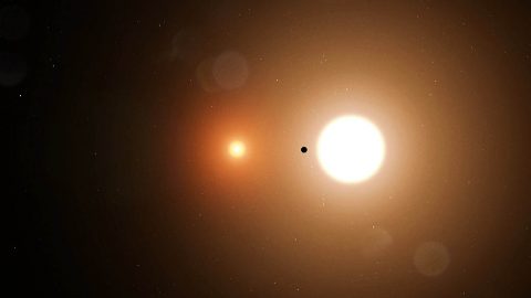 In this illustration, TOI 1338 b is silhouetted by its host stars. TESS only detects transits from the larger star. (NASA's Goddard Space Flight Center/Chris Smith)