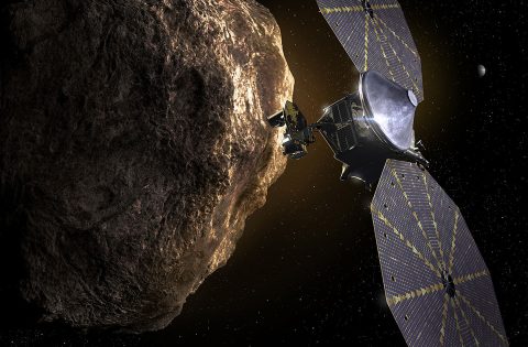 Artist rendition of NASA's Lucy spacecraft orbiting the asteroid Eurybates. (NASA)