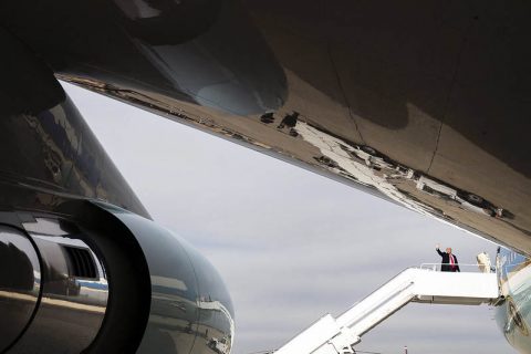 President Donald Trump boards Air Force One at Joint Base Andrews.