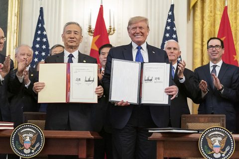 U.S. President Donald J. Trump, joined by Chinese Vice Premier Liu He, sign the U.S. China Phase One Trade Agreement. (Official White House Photo by Shealah Craighead)