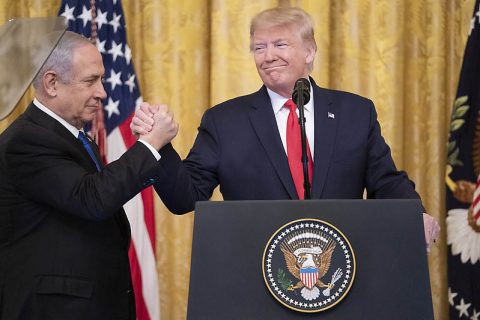 President Donald Trump joins Israeli Prime Minister Benjamin Netanyahu to unveil the Trump Administration's Middle East peace plan. (Official White House photo by Shealah Craighead)