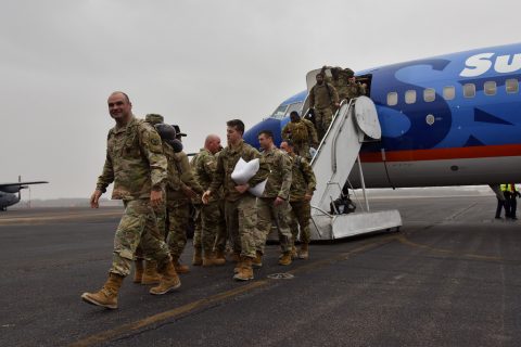 Members of the 278th Armored Cavalry Regiment arrive at Volunteer Training Site – Smyrna, Jan. 23, following a 9-month deployment to Poland. The 278th ACR, Tennessee’s largest unit, and one of only five armored brigade combat teams in the entire National Guard, has supported NATO’s enhanced Forward Presence (eFP) mission with two separate squadrons for the last 18 months. (U.S. Army photo by Staff Sgt. Tim Cordeiro)