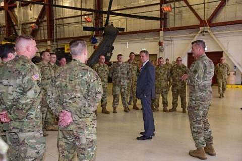 Tennessee Governor Bill Lee and Tennessee’s Adjutant General, Maj. Gen. Jeff Holmes (right) visited with members of the 2-135th Aviation Regiment, headquartered in Louisville, Friday, January 3, ahead of the unit’s deployment to Kosovo.  (Air Guard Master Sgt. Kendra Owenby)