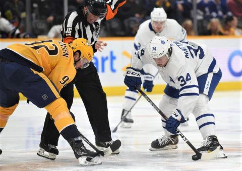 Nashville Predators' Ryan Johansen squares off against Austin Mathews of the Maple Leafs during Toronto's 5-2 win at the Bridgestone Arena. (Michael Strasinger)