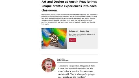 A screen capture of Austin Peay State University's bronze medal-winning Art + Design page. (APSU)