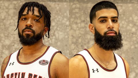 Austin Peay State University Men's Basketball players (L to R) Jordyn Adams and Eli Abaev. (APSU Sports Information)