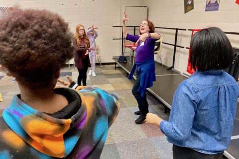 Kennedy Center Teaching Artist Cissy Whipp helps students at West Creek Middle School with their choreography. (APSU)