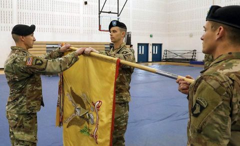 Lt. Col. Eric Anderson (right), commander of the 129th Division Sustainment Support Battalion, 101st Airborne Division (Air Assault) Sustainment Brigade and Command Sgt. Maj. Jesse Oudenhaven (left), 129th Div. Sust. Support Battalion senior enlisted advisor, uncase their battalion colors during a ceremony at Fort Campbell, Jan. 30. (Sgt. Aimee Nordin, 101st Airborne Division (AA) Sustainment Brigade Public Affairs)