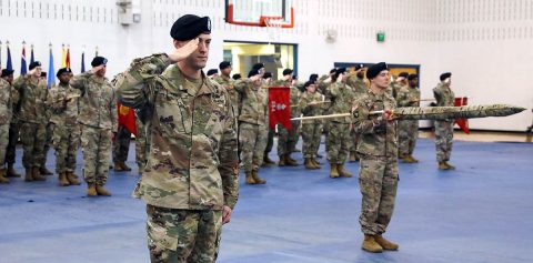 Soldiers of 129th Division Sustainment Support Battalion, 101st Airborne Division (Air Assault) Sustainment Brigade, render honors during the battalion’s colors uncasing ceremony, Jan. 30, at Fort Campbell. (Sgt. Aimee Nordin, 101st Airborne Division (AA) Sustainment Brigade Public Affairs)