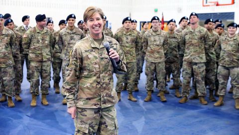 Col. Stephanie Barton, commander, 101st Airborne Division (Air Assault) Sustainment Brigade, 101st Airborne Division (Air Assault), speaks to the Soldiers of 129th Division Sustainment Support Battalion before the battalion’s uncasing ceremony, Jan. 30. (Sgt. Aimee Nordin, 101st Airborne Division (AA) Sustainment Brigade Public Affairs)