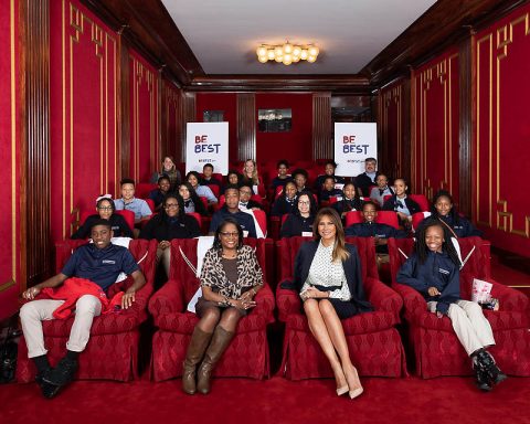First Lady Melania Trump joins faculty members and students from Cornerstone Schools of Washington, D.C., in the White House Family Theater. (White House) First Lady Melania Trump joins faculty members and students from Cornerstone Schools of Washington, D.C., in the White House Family Theater. (White House)