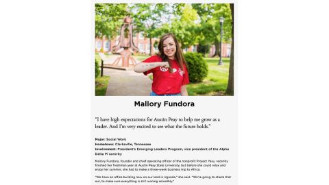 A screen capture of Austin Peay State University's silver medal-winning GovLife profile of Mallory Fundora. (APSU)