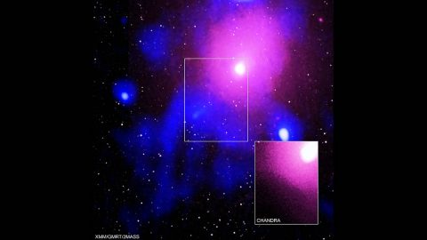 Evidence for the biggest explosion seen in the Universe comes from a combination of X-ray data from Chandra and XMM-Newton, and the Murchison Widefield Array and Giant Metrewave Telescope, as shown here. The eruption is generated by a black hole located in the cluster's central galaxy, which has blasted out jets and carved a large cavity in the surrounding hot gas. (X-ray: Chandra: NASA/CXC/NRL/S. Giacintucci, et al., XMM-Newton: ESA/XMM-Newton; Radio: NCRA/TIFR/GMRT; Infrared: 2MASS/UMass/IPAC-Caltech/NASA/NSF)