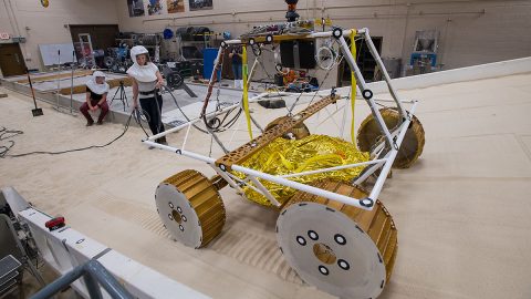 NASA model of the Volatiles Investigating Polar Exploration Rover. (NASA / Bridget Caswell, Alcyon Technical Services)