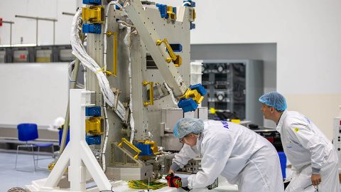 Airbus workers unpack the Bartolomeo platform at NASA’s Kennedy Space Center in Florida in preparation for its launch to the International Space Station. The platform, manufactured by Airbus Defence and Space, hosts multiple external payloads in low-Earth orbit. (NASA)