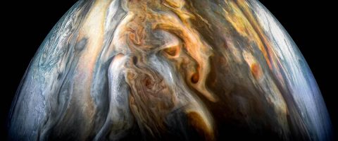 The JunoCam imager aboard NASA's Juno spacecraft captured this image of Jupiter's southern equatorial region on Sept. 1, 2017. The image is oriented so Jupiter's poles (not visible) run left-to-right of frame. (NASA/JPL-Caltech/SwRI/MSSS/Kevin M. Gill) The JunoCam imager aboard NASA's Juno spacecraft captured this image of Jupiter's southern equatorial region on Sept. 1, 2017. The image is oriented so Jupiter's poles (not visible) run left-to-right of frame. (NASA/JPL-Caltech/SwRI/MSSS/Kevin M. Gill)
