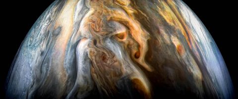 The JunoCam imager aboard NASA's Juno spacecraft captured this image of Jupiter's southern equatorial region on Sept. 1, 2017. The image is oriented so Jupiter's poles (not visible) run left-to-right of frame. (NASA/JPL-Caltech/SwRI/MSSS/Kevin M. Gill)