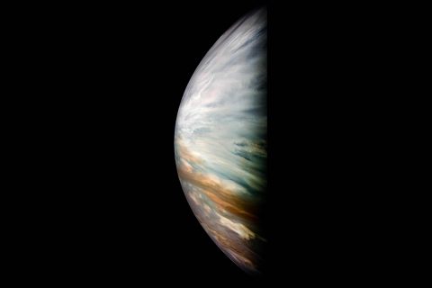 Thick white clouds are present in this JunoCam image of Jupiter's equatorial zone. At microwave frequencies, these clouds are transparent, allowing Juno's Microwave Radiometer to measure water deep into Jupiter's atmosphere. The image was acquired during Juno's flyby on Dec. 16, 2017. (NASA/JPL-Caltech/SwRI/MSSS/Kevin M. Gill) Thick white clouds are present in this JunoCam image of Jupiter's equatorial zone. At microwave frequencies, these clouds are transparent, allowing Juno's Microwave Radiometer to measure water deep into Jupiter's atmosphere. The image was acquired during Juno's flyby on Dec. 16, 2017. (NASA/JPL-Caltech/SwRI/MSSS/Kevin M. Gill)