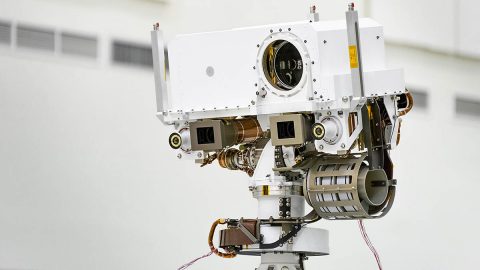 Mars 2020's mast, or "head," includes a laser instrument called SuperCam that can vaporize rock material and study the resulting plasma. (NASA/JPL-Caltech)