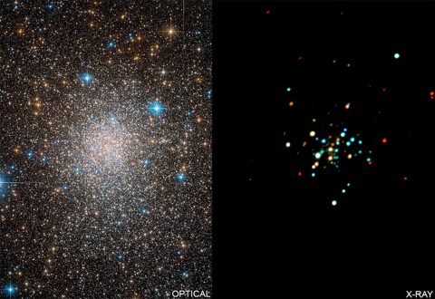 Terzan 5 (right), low, medium and high-energy X-rays detected by Chandra are colored red, green and blue respectively. On the left, an image from the Hubble Space Telescope shows the same field of view in optical light. Terzan 5 CX1 is labeled as CX1 in the Chandra image. (NASA)