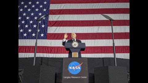 Vice President Mike Pence speaks to employees during his visit to NASA's Langley Research Center Wednesday. (NASA/David C. Bowman)