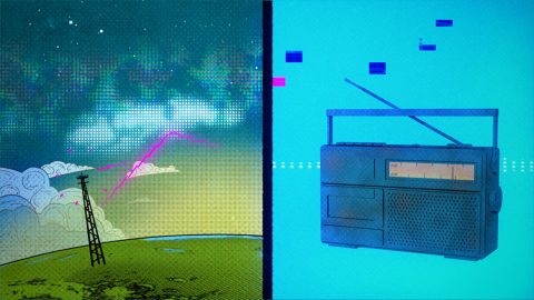 Graphic illustrating radio signals from a remote station (bent purple line) interfering with a local station (black tower) after being reflected off a plasma layer in the ionosphere. (NASA Goddard/CI lab) Graphic illustrating radio signals from a remote station (bent purple line) interfering with a local station (black tower) after being reflected off a plasma layer in the ionosphere. (NASA Goddard/CI lab)
