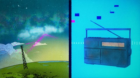 Graphic illustrating radio signals from a remote station (bent purple line) interfering with a local station (black tower) after being reflected off a plasma layer in the ionosphere. (NASA Goddard/CI lab)