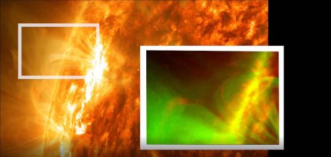 Forced magnetic reconnection, caused by a prominence from the Sun, was seen for the first time in images from NASA’s Solar Dynamics Observatory, or SDO. This image shows the Sun on May 3, 2012, with the inset showing a close-up of the reconnection event imaged by SDO’s Atmospheric Imaging Assembly instrument, where the signature X-shape is visible. (NASA/SDO/Abhishek Srivastava/IIT(BHU))