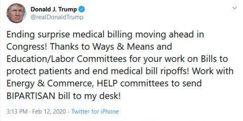 President Donald Trump tweets about suprise medical billing