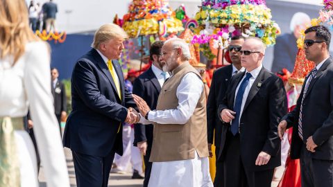 President Donald J. Trump and Indian Prime Minister Narendra Modi walk along a cordon of cultural performers upon President Trump’s arrival Monday, Feb. 24, 2020, to Sardar Vallabhbhai Patel International Airport in Ahmedabad, India. (Official White House Photo by Shea Craighead)