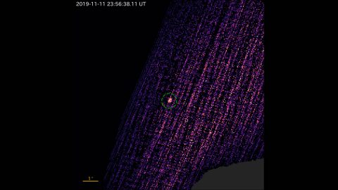 This image shows the X-ray outburst from the black hole MAXI J0637-043, detected by the REXIS instrument on NASA's OSIRIS-REx spacecraft. The image was constructed using data collected by the X-ray spectrometer while REXIS was making observations of the space around asteroid Bennu on Nov. 11, 2019. (NASA/Goddard/University of Arizona/MIT/Harvard)